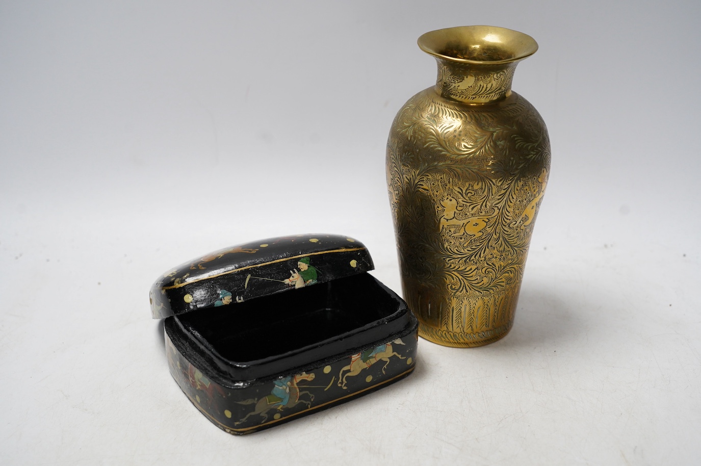 A Persian paper mache box and a brass vase with engraved decoration, largest 17cm high. Condition - vase fair, box restored